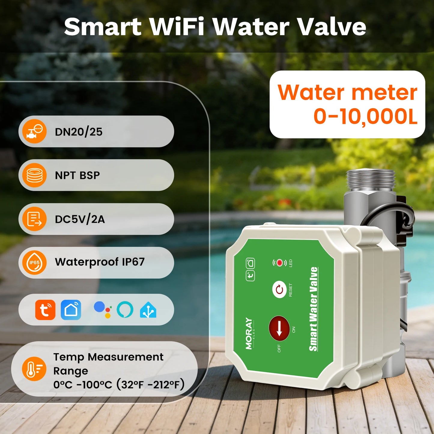MORAY ME220XFW Water Flow Waterproof Interface Smart WiFi Water Valve Remote Control Auto Shutoff Monitor Daily Water Usage
