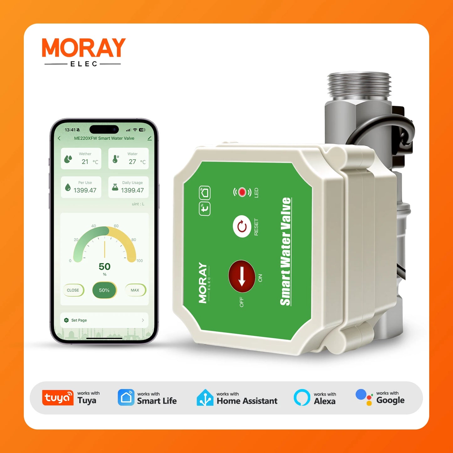 MORAY ME220XFW Water Flow Waterproof Interface Smart WiFi Water Valve Remote Control Auto Shutoff Monitor Daily Water Usage