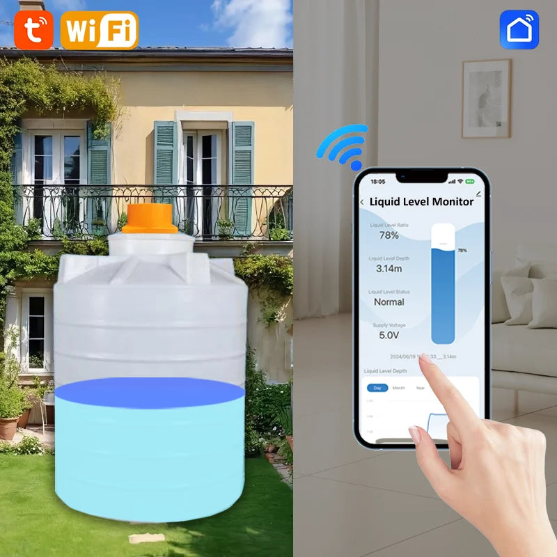 ME201W Water Tank Alarm WiFi Tuya APP Water Usage Meter Apartments Remote Tank Monitor Ultrasonic Water Level Sensor