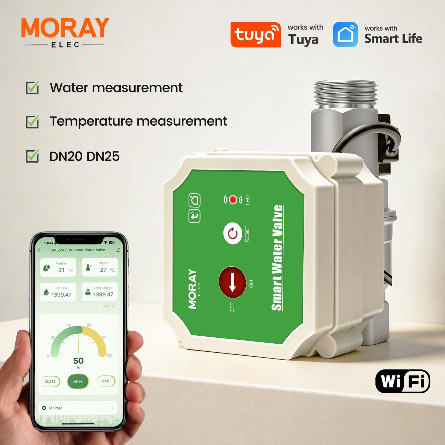 MORAY ME220XFW Water Flow Waterproof Interface Smart WiFi Water Valve Remote Control Auto Shutoff Monitor Daily Water Usage